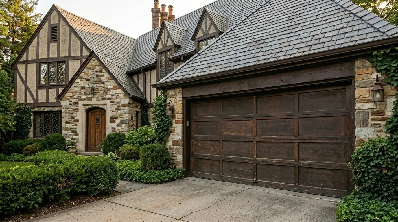 Older Sedona Arizona garage door being inspected for repair or replacement