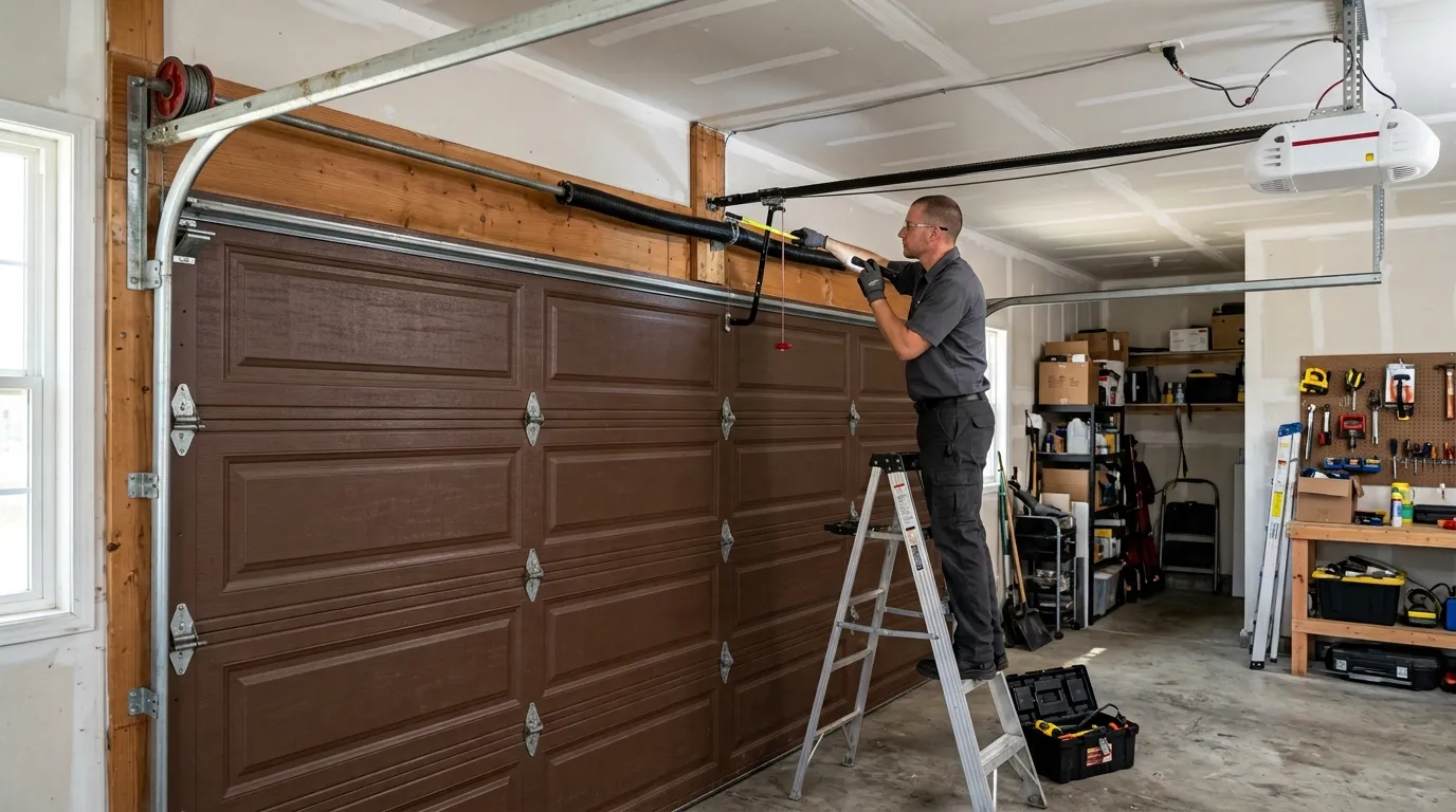 Garage door technician inspecting springs rollers tracks and opener in Sedona Arizona