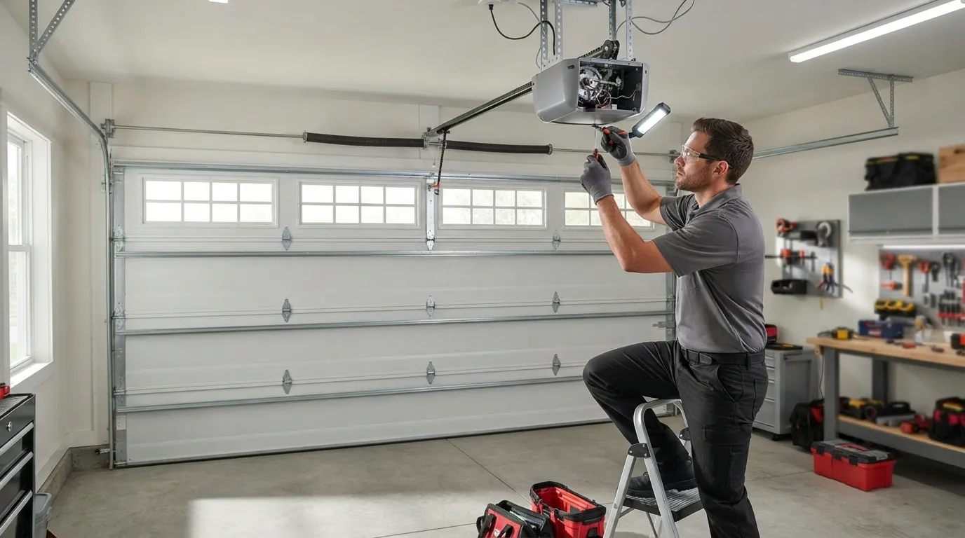 Garage door technician repairing a residential garage door in Sedona Arizona